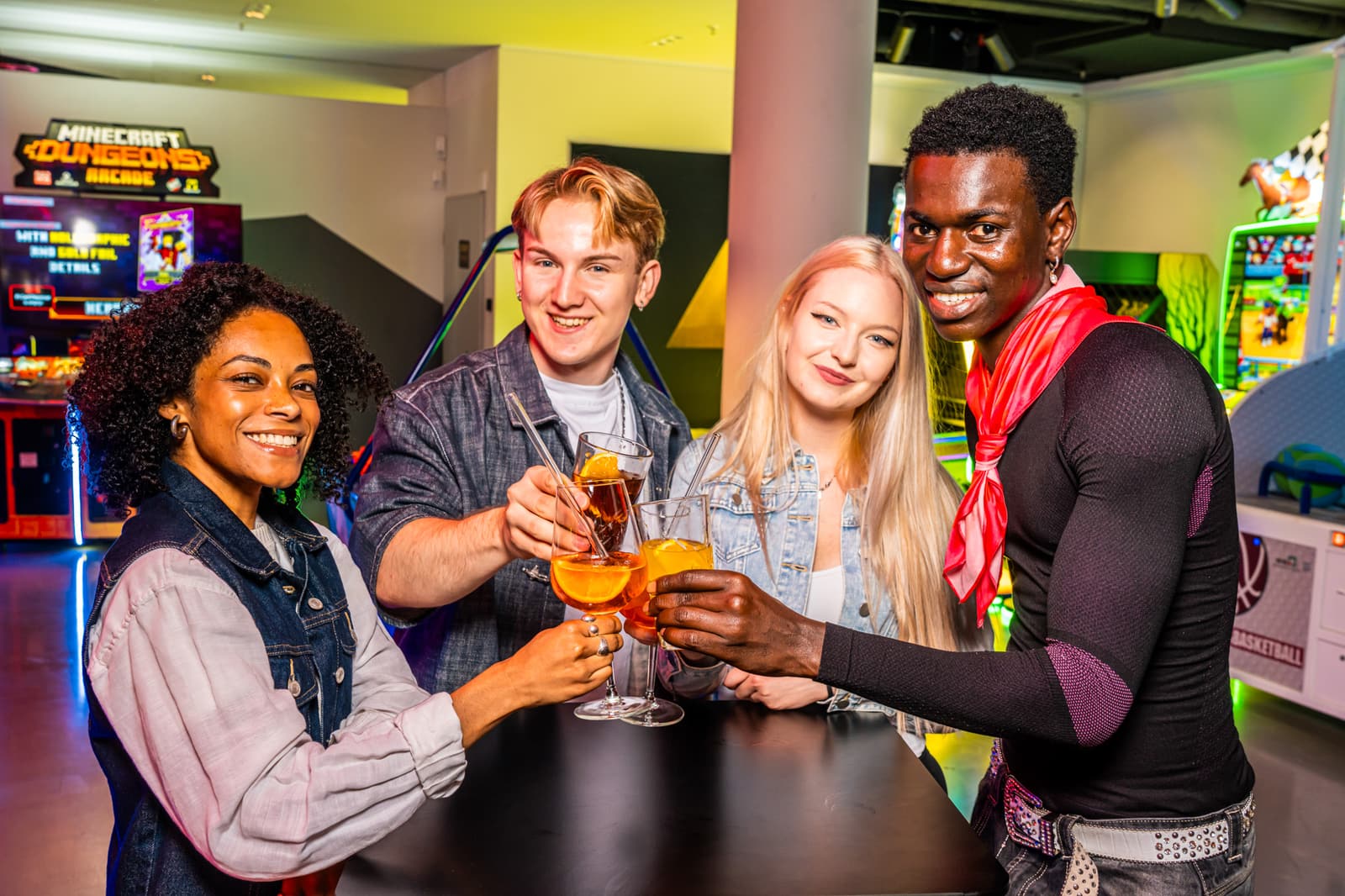 Friends toasting with drinks together