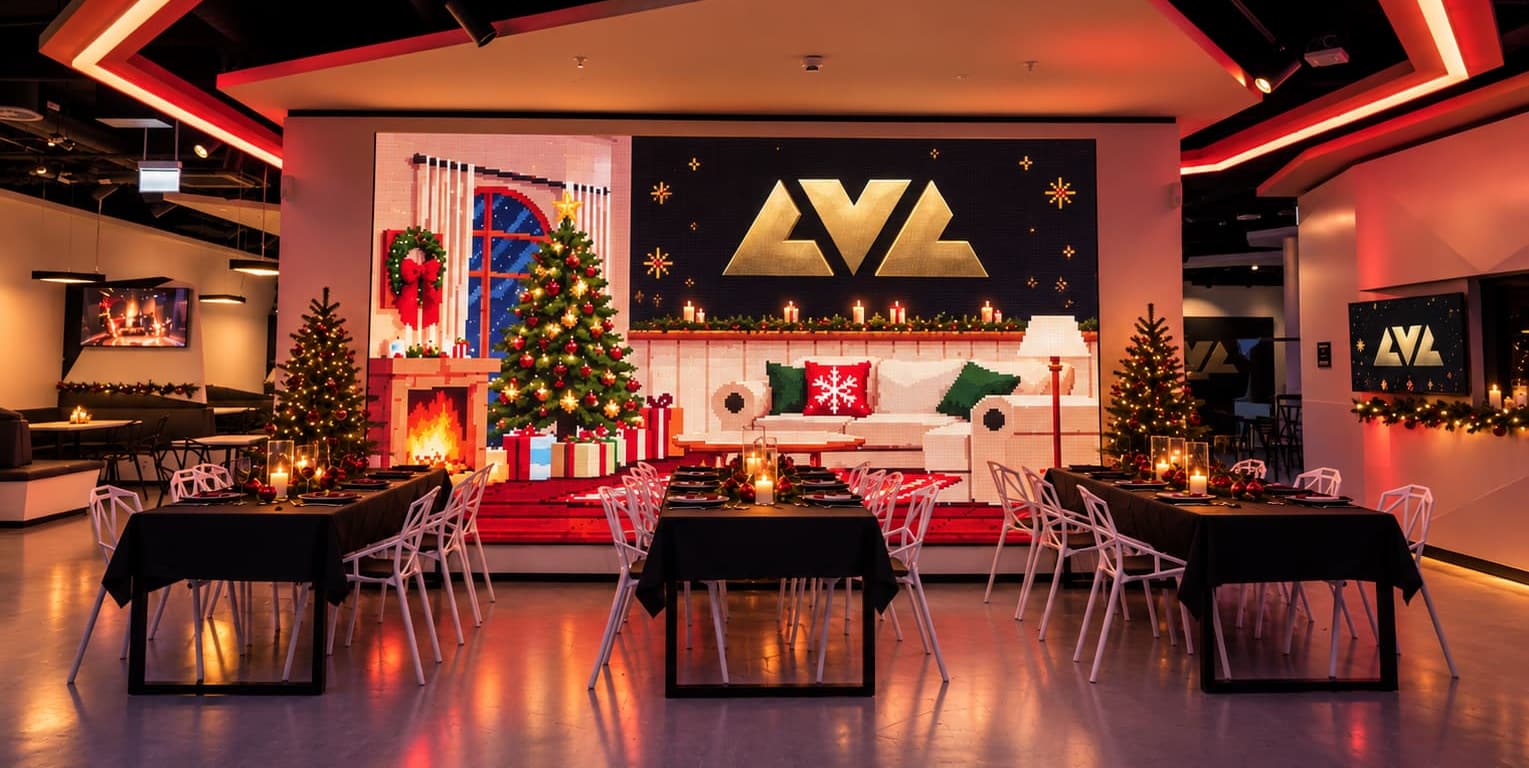 The venue decorated for Christmas with a glowing tree screen and tables set for dinner around the arcade floor