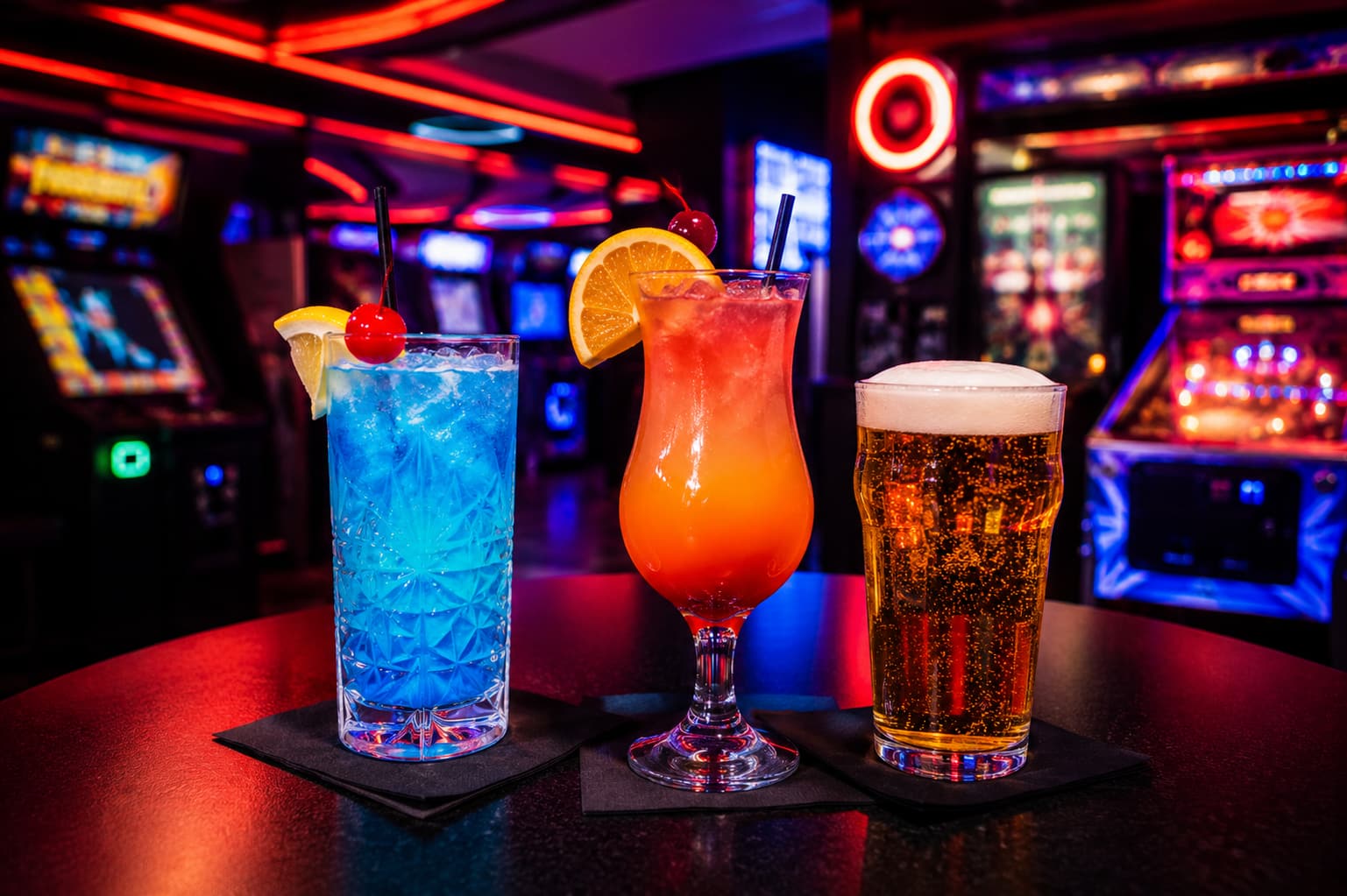 Three drinks lined up on the bar, arcade machines glowing in the background