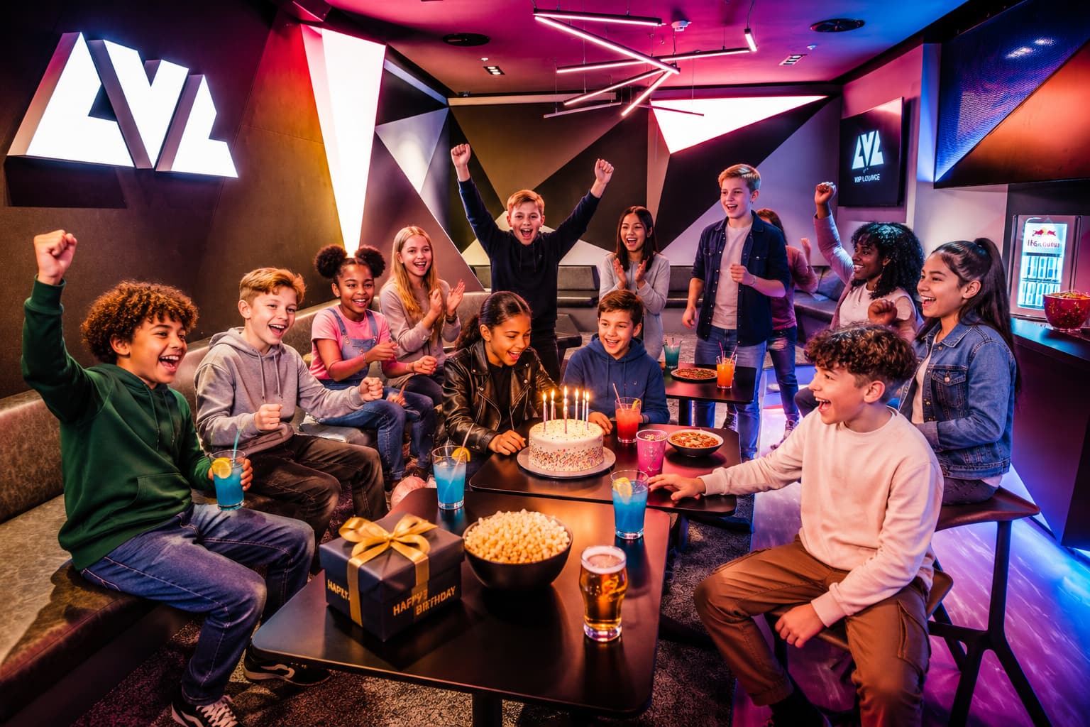 Group of kids celebrating a birthday party at LVL