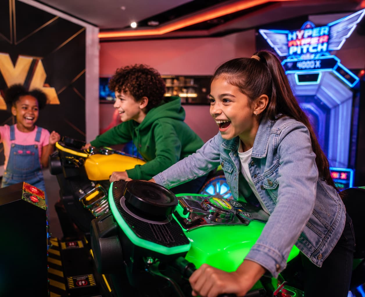 Kids racing on the arcade motorbike cabinets at a birthday party
