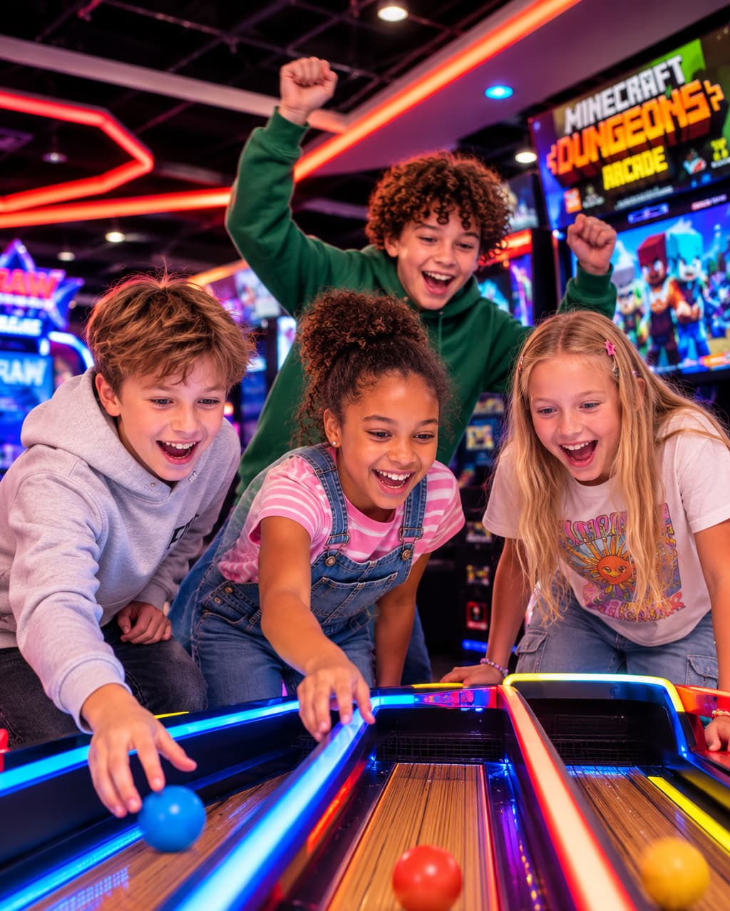 Kids celebrating at the skee-ball table during a birthday party