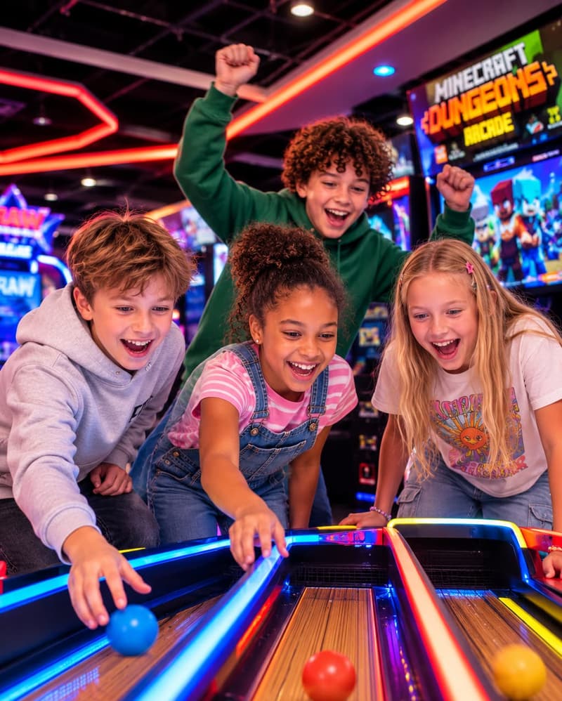 Kids celebrating at the skee-ball table during a birthday party